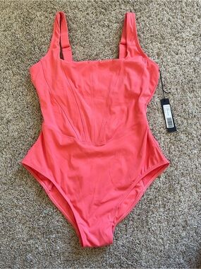 TA3 Seamed Squarey One Piece Swimsuit Coral Lace Back Sculpting Size L Short NWT